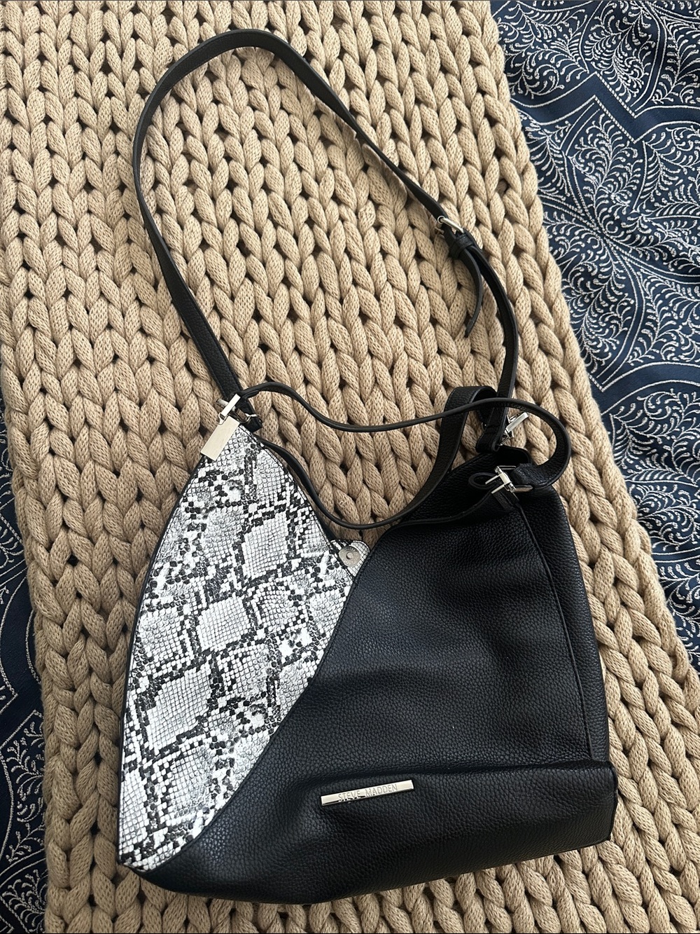 Steve Madden Black Shoulder Bag with Snake-Print Panel